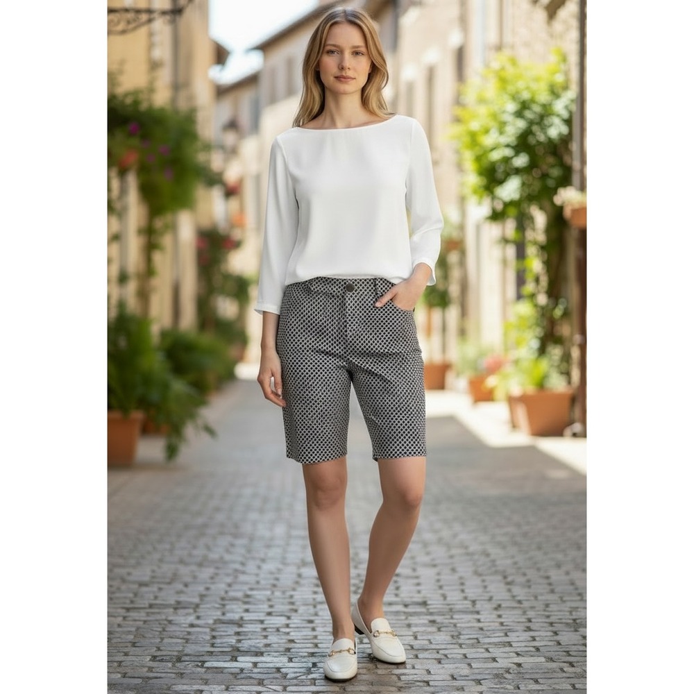 Kenar Womens Navy Blue White Geometric Chain Link Tailored Shorts Size 8